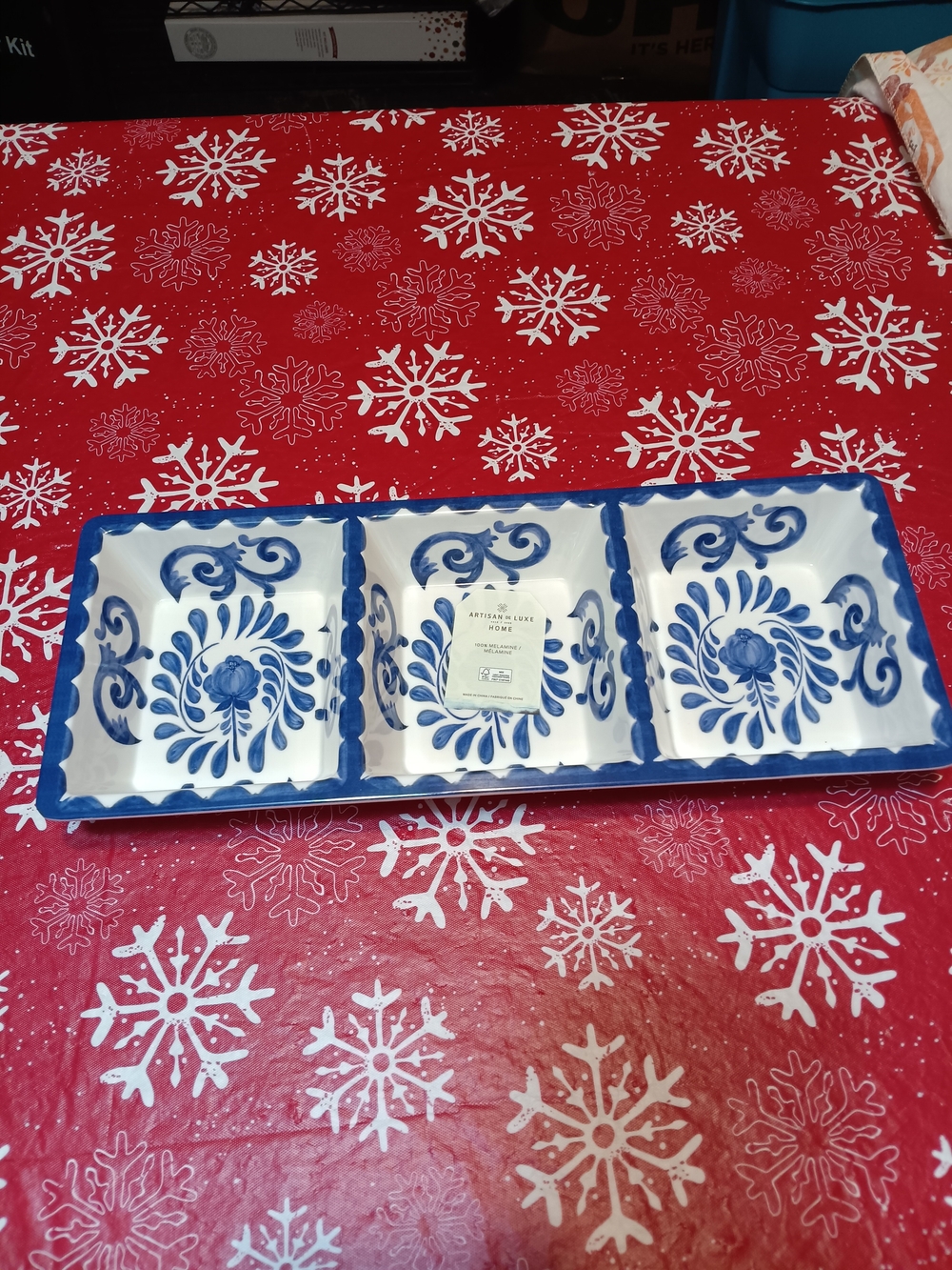 Artisan Blue and White Ceramic 3-Compartment Serving Tray